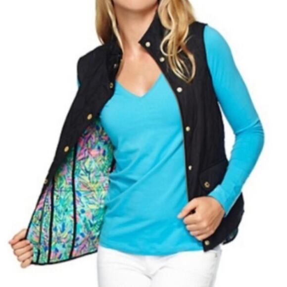 Lilly Pulitzer Quilted Black Getaway Vest Hot Spot Print Lining Women's Medium - Picture 1 of 13